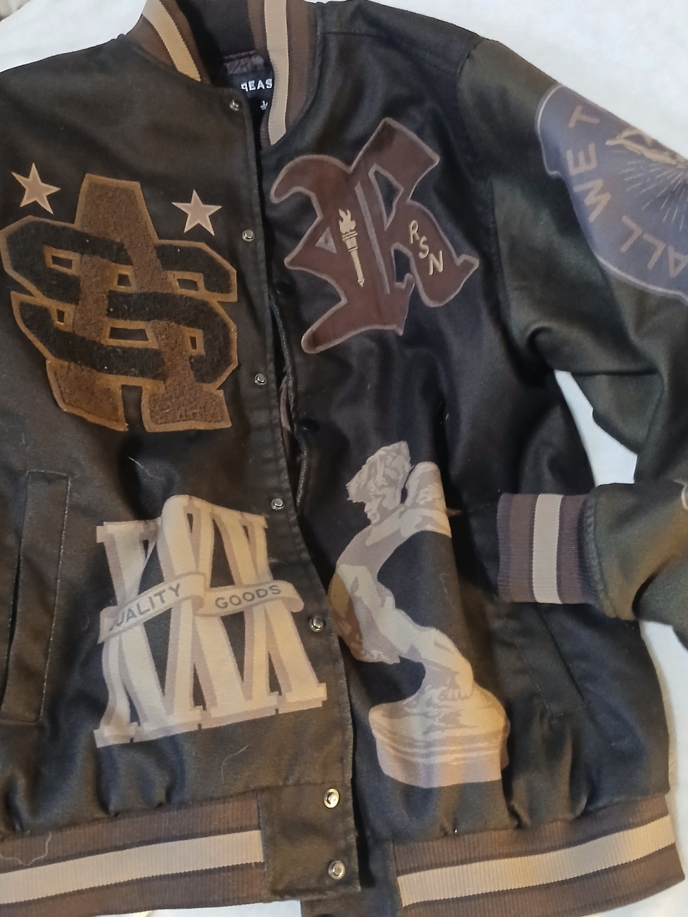Men's Black & Brown Varsity Bomber Jacket with Graphic Patches